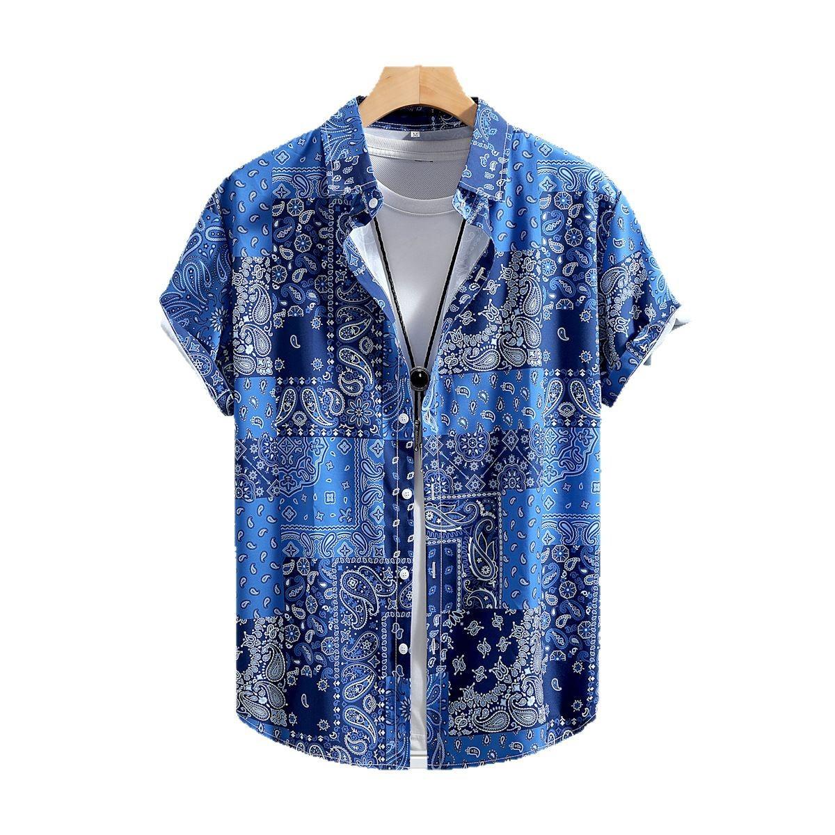 

Мужская рубашка с коротким рукавом, темно-синяя рубашка с принтом кешью для мужчин, лето 2025 г., новая коллекция XXL синий