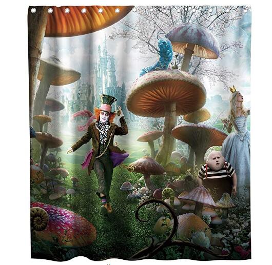 Alice nel Paese delle Meraviglie Decorazioni per Feste Sfondo Tenda da Doccia, Arte di Funghi Paesaggio Fantasy, Tessuto in Stoffa per Set da Bagno, Ganci