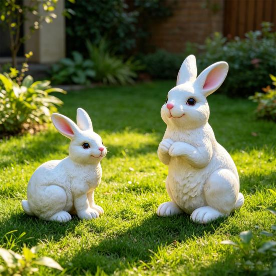 2Pcs Realistic White Rabbit Garden Statues, Weatherproof Resin Bunny Sculpture for Yard Patio, Cute Animal Bonsai Ornament, Desk Decor Gift for Plant