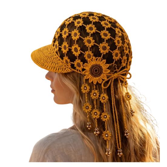 Breathable Summer Headwear Hand Crocheted Sunflower Baseball Cap, Bohemian Tassel Bell Hat, Handmade Knit Cutout Floral Spring Fashion Cap Beanie