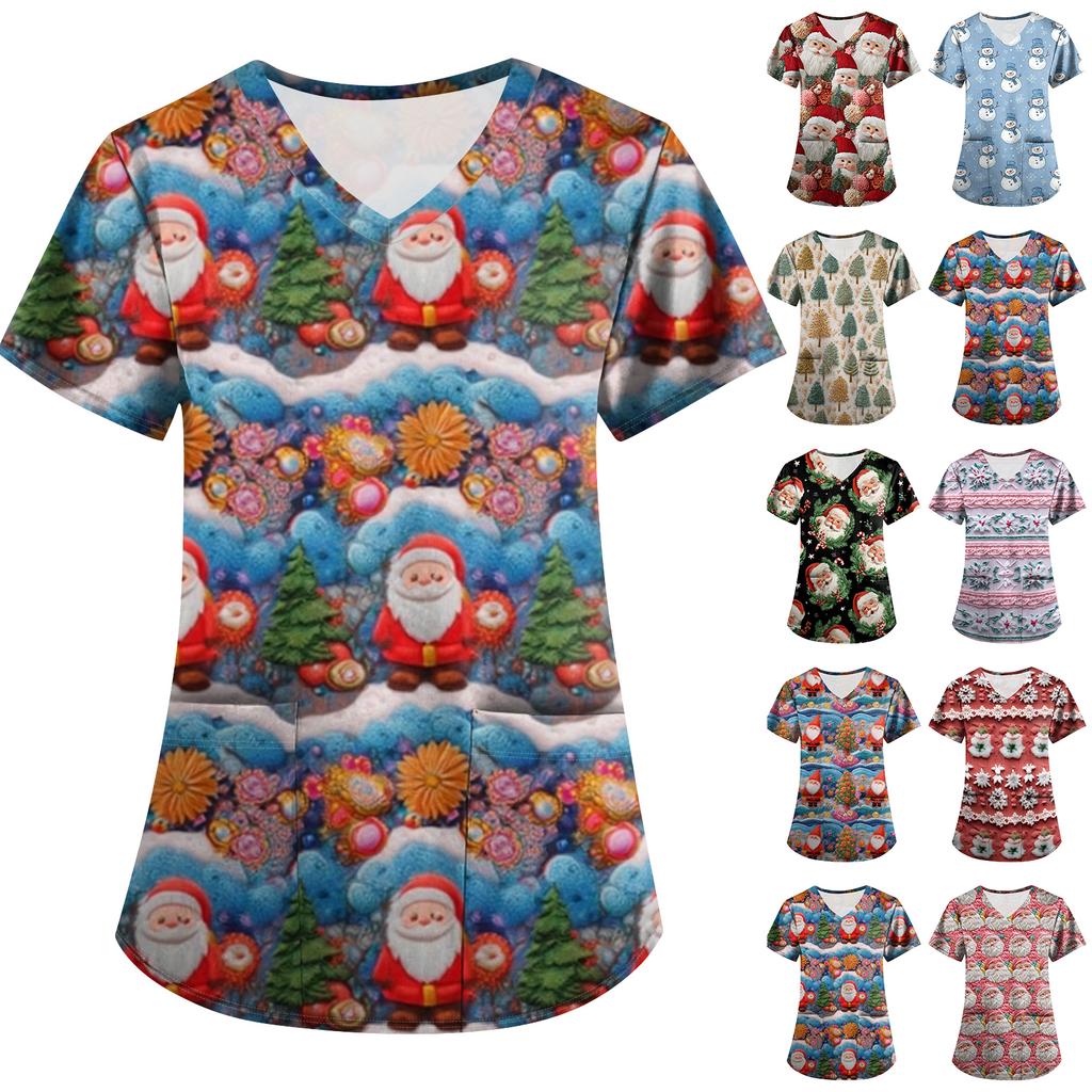 Plus SizePrinted Scrub Working Uniform Tops For Women's Cross V-Neck Print Short Sleeve Fun T-Shirts Workwear Tee With Pockets