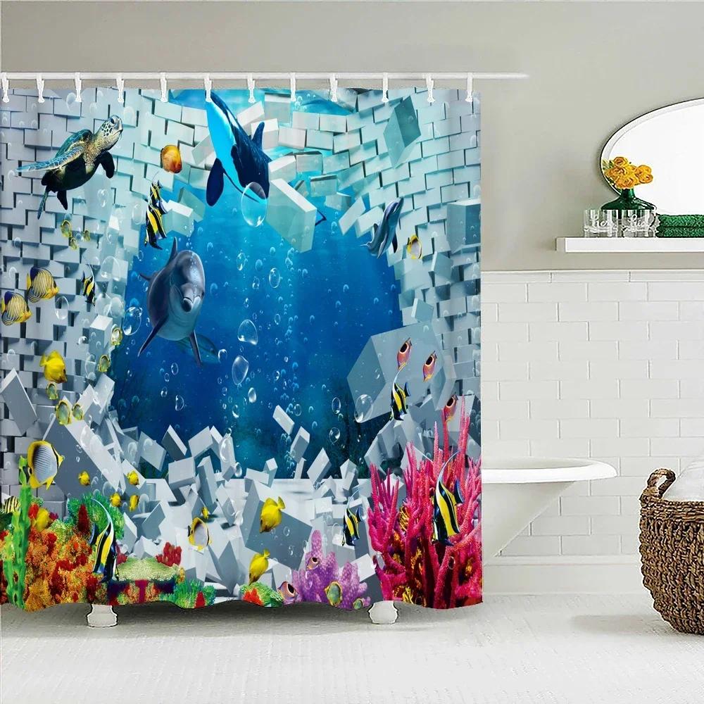 Underwater World Fish Turtle 3d Shower Curtains Ocean Dolphin Sea Scenery Fabric Waterproof Bath Curtain Bathroom Decor Screen