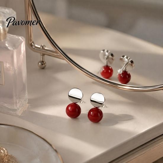 Elegant Jewelry for Women 1 Pair Red Bead Round Stud Earrings, Minimalist Light Luxury Birthday Gifts Her Earrings Women, Polished Silver Disc