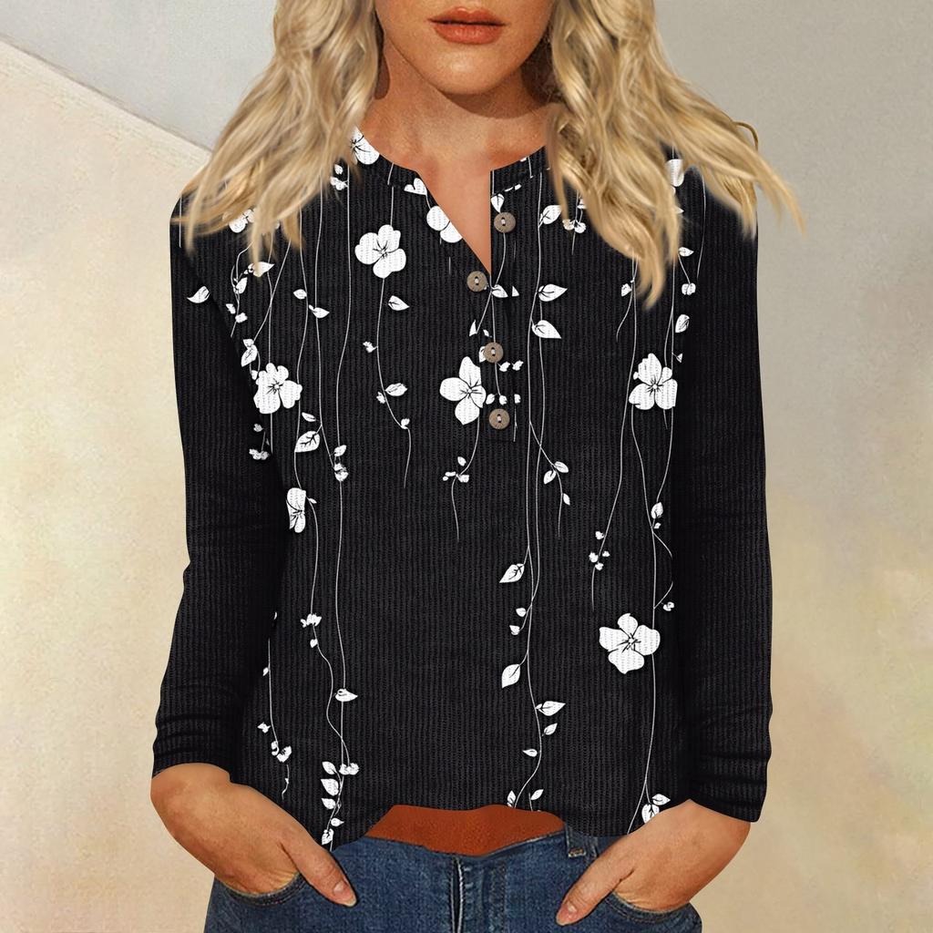 Women's T Shirt Tee Print Button Long Sleeve Daily Weekend Fashion Basic V- Neck Regular Top