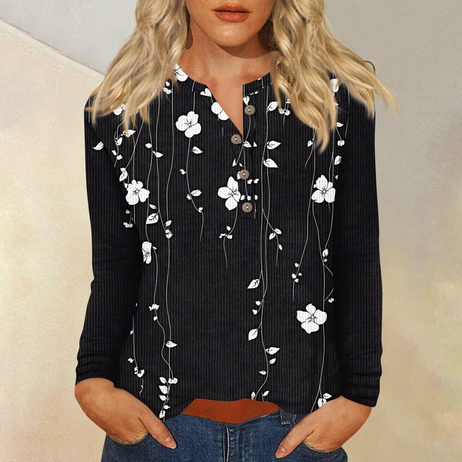 

Жен. Футболка Футболка С принтом Пуговицы Длинный рукав Повседневные Выходные Мода Классический V-образный вырез Обычный Верх XXXL чёрный