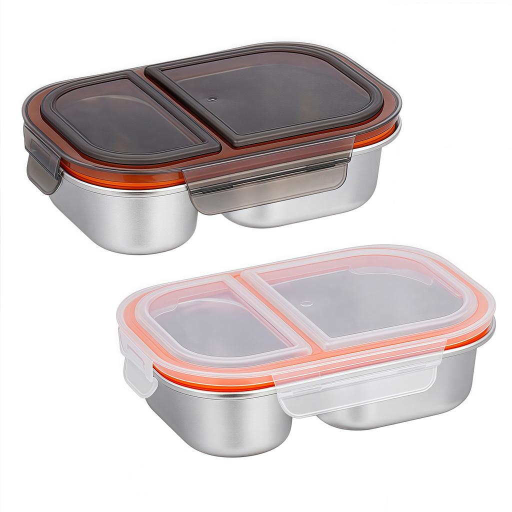 Stainless Steel Lunch Box Portable Fruit Salad Food Snack Containers 2 Compartment With Lids Sealed Leak Proof Box For Students