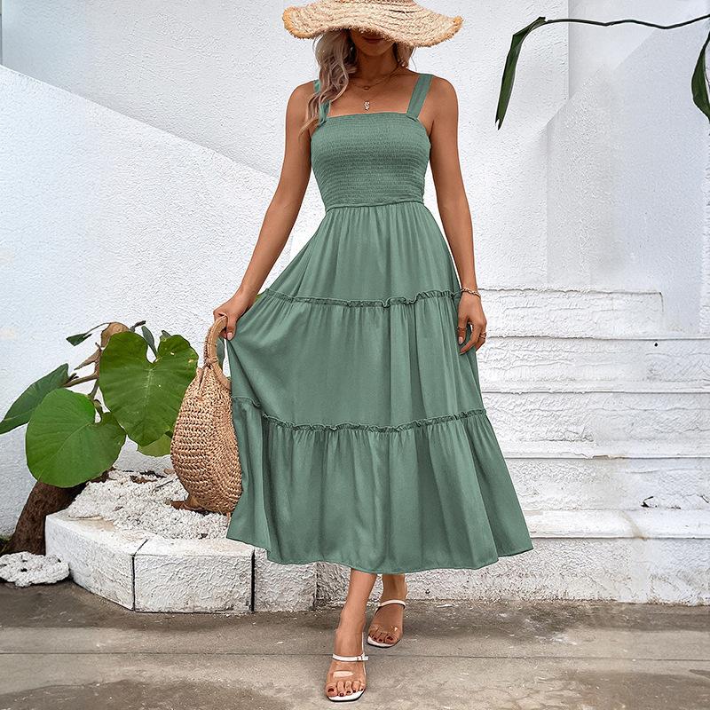 VEZFAA Kvinnemote Sommer Vår Ensfarget Print Ermeløse seler Høy midje Uformelle kjoler