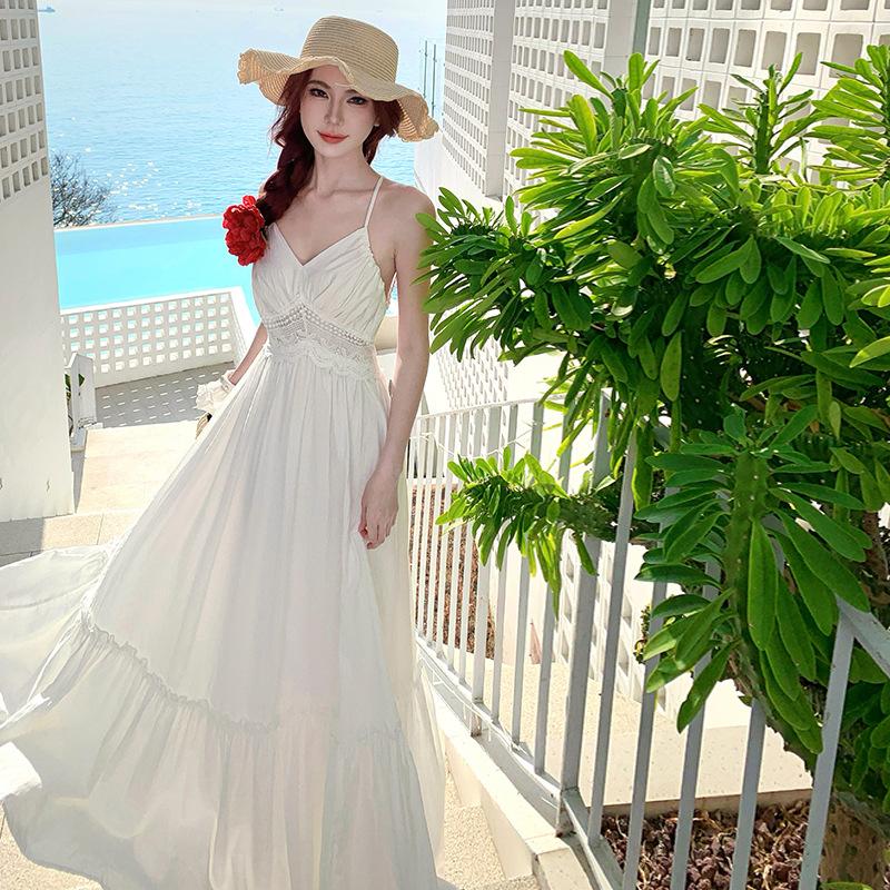 French White Moonlight Neck Halter Dress Sexy Pure Desire Style White Temperament Atmosphere Vacation Beach Dress
