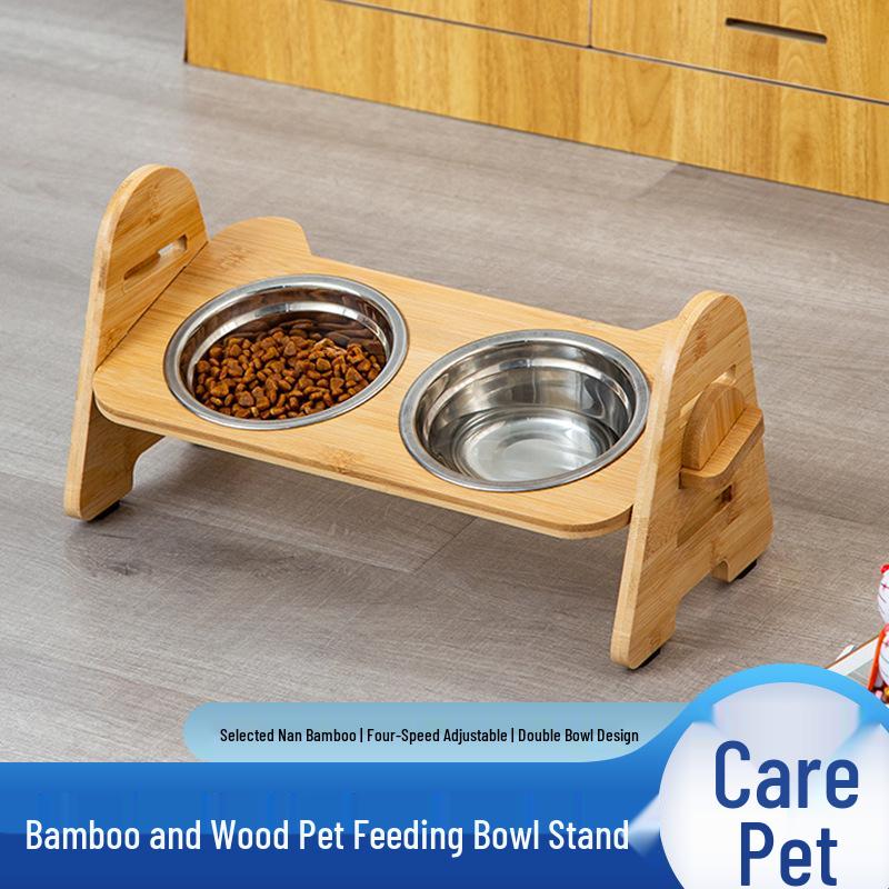 

Adjustable Bamboo Cat & Dog Bowl Stand with Double Bowls and Pet Neck Protection Heze