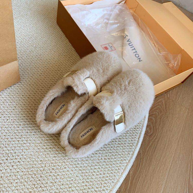 Mao Mao Hausschuhe Damenbekleidung 2024 neu Herbst und Winter Einschlupf High-End Nerz Plüsch Taschenkopf Baumwolle Halbschuhe