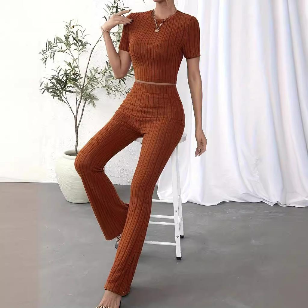 Women's Crew Neck Two Piece Knitting Set Short Sleeve Sweater Top Wide Leg Pants Lounge Sets Ribbed Knitted Casual Outfit for Spring Autumn