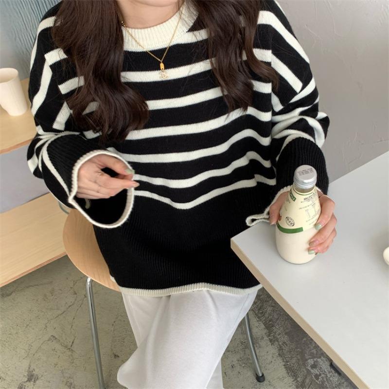 Striped Loose Lazy Wind Knitted Sweater Women's Autumn New Wear Inside and Outside with Round Neck Pullover Sweater Women's Bottoming Shirt