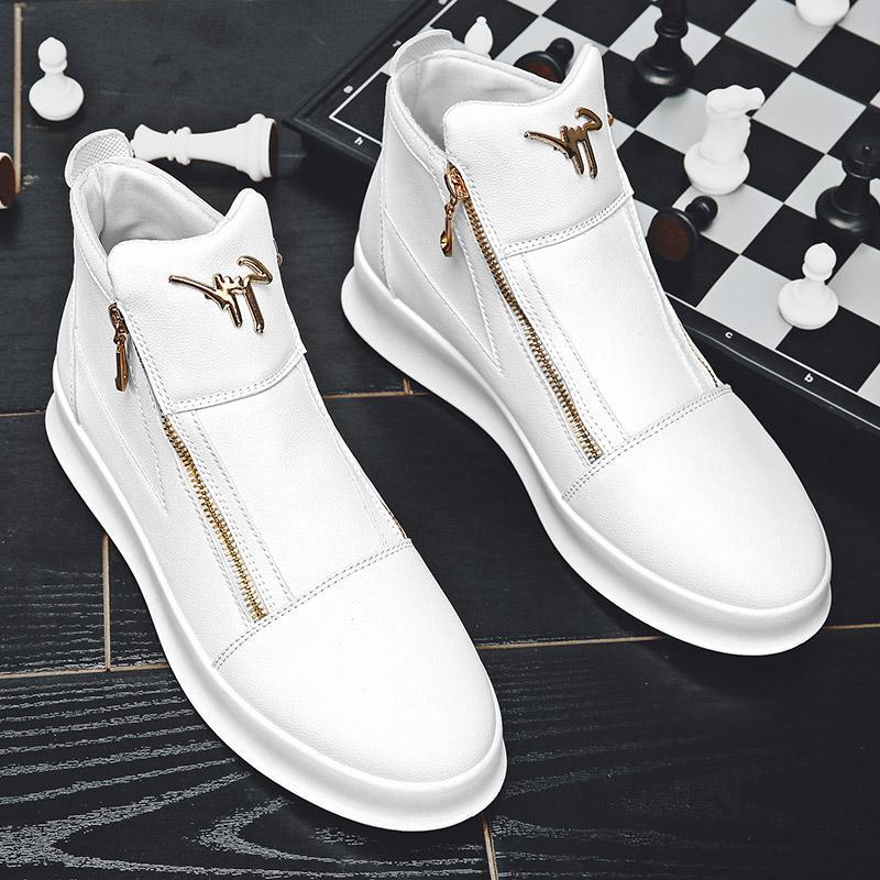 2024 Men's Summer Leather High-Top Sneakers: Breathable, Thick-Soled White Casual Shoes