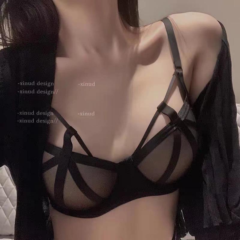 

Black Mesh Bra with Strappy Design Adjustable Straps See Through Sexy Lingerie S чёрный