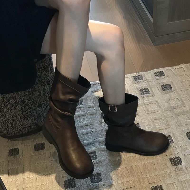 Super Fire! Korean Small Short Boots Women's 2025 New Spring and Autumn Single Boots Brown Round Head Fashion Pleated Medium Tube Martin Boots