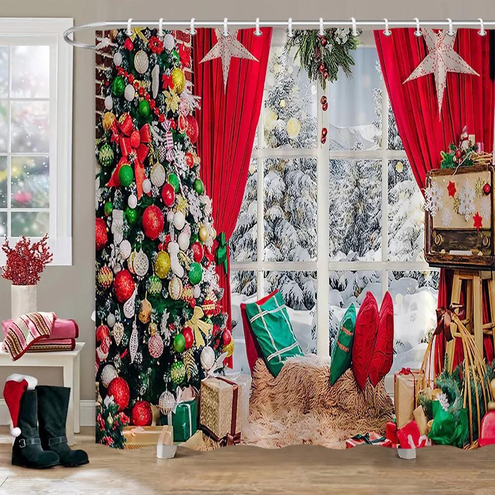 Christmas Backdrop Shower Curtain Holiday Gifts Fireplace Christmas Tree Garland Fabric Bath Curtains Bathroom Decor With Hooks
