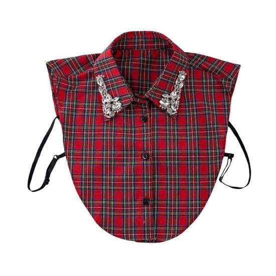 Women Plaid Fake Collar Red Blue Christmas Plaid Collar with Rhinestones Detachable False Collar for Sweater Sweatshirt Hoodie