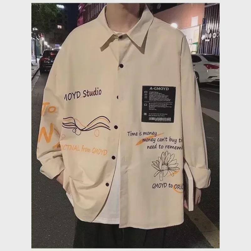 Men's Harajuku Style Fashion Cardigan Jacket: Casual, Handsome, Letter Print Long Sleeve Lapel Shirt