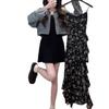 Black floral ruffle irregular dress women's summer French public design sense vacation style suspender dress