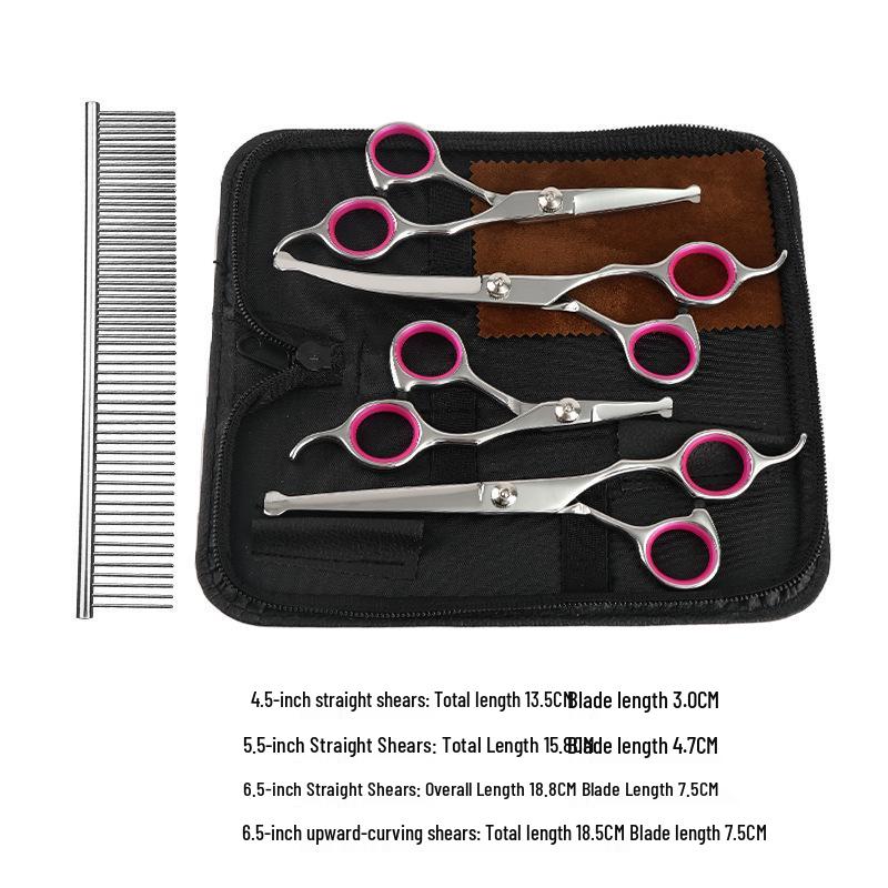 All-Steel Pet Grooming Scissors Set: Flat-Tooth & Curved Trimmers for Dog Hair Care.