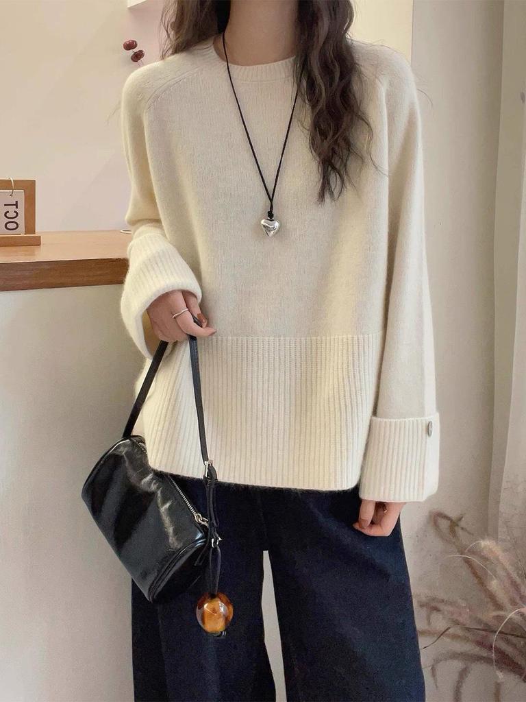 Women's European Style Rose Red Wool Sweater, 2026 Autumn/Winter, Loose Round Neck Knit Base Layer.