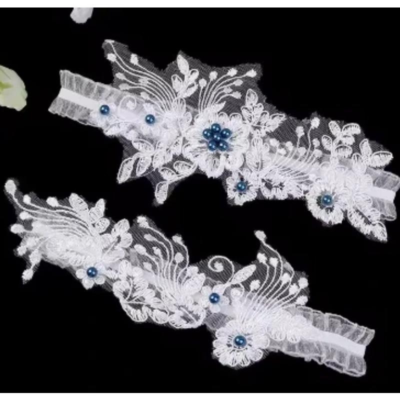 2Pcs Fashion Women Bride Sexy Lace Flower Rhinestones Pearls Wedding Garter White Thigh Leg Garter Ring For Wedding Accessories
