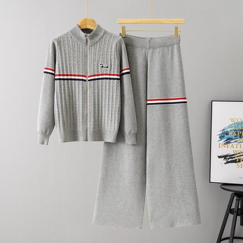 Frühlings- und Herbst-Colorblocking-Gestreiftes Strick-Cardigan-Set mit gesticktem Hund, Stilvoller, Figurschmeichelnder und Jungendlicher Pullover-Mantel für Damen