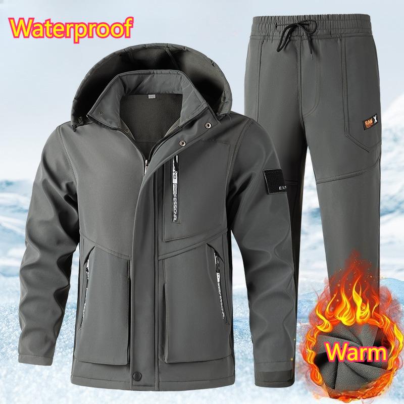 Autumn Workmanship Suit Men's Plus Velvet Thickened Windproof Waterproof and Warm Outdoor  Mountaineering Suit Casual 2-piece Suit