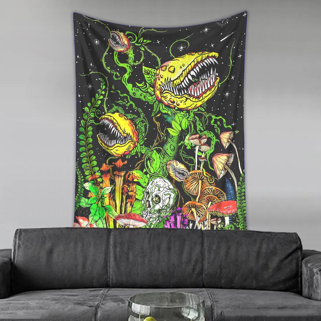 1pc UV Responsive Skull Tapestry, Flower and Mushroom Fluorescent Tapestry, Bedroom Aesthetic Decorative Wall Hanging