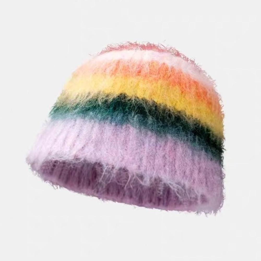 Colorful Striped Knitted Hat Soft Cotton Crochet Beanie Hat New Woolen Bucket Cap  Unisex