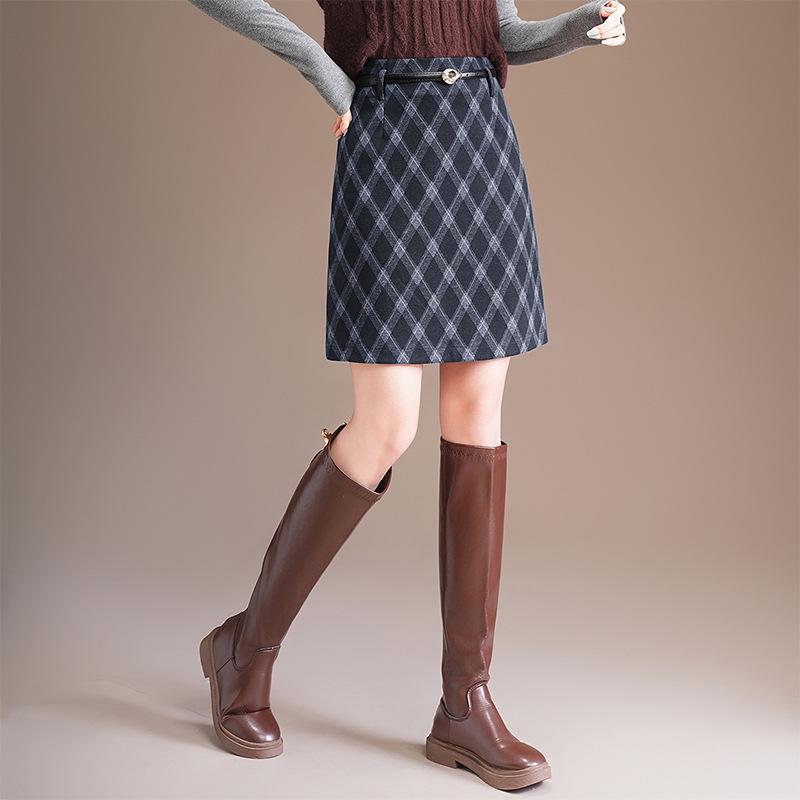 Elegant Petite Retro Plaid Wool Blend Slim Fit Skirt – Winter 2025 Collection Extra Large