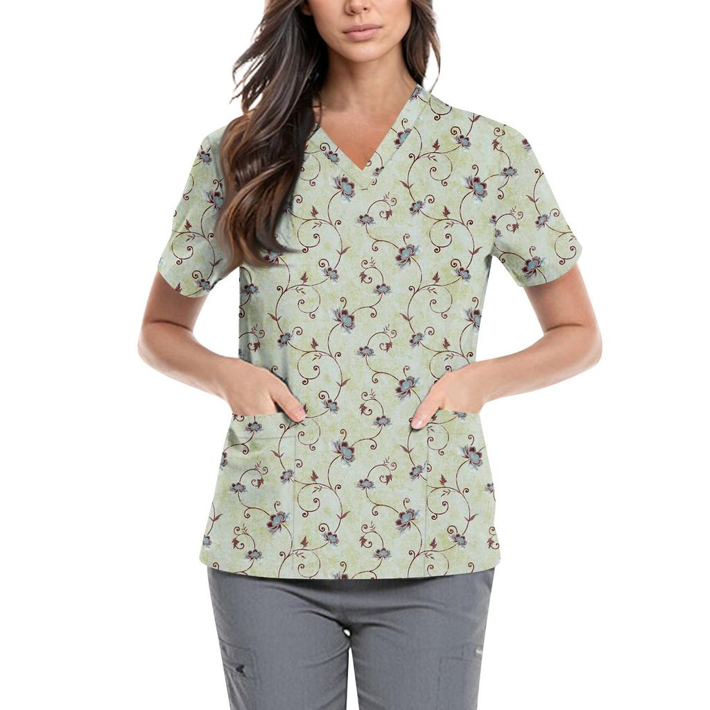 Süße bedruckte Arbeitskleidung für Damen, V-Ausschnitt, doppellagige Taschen, Basic, kurzärmeliges Oberteil, Pullover, Valentinstag