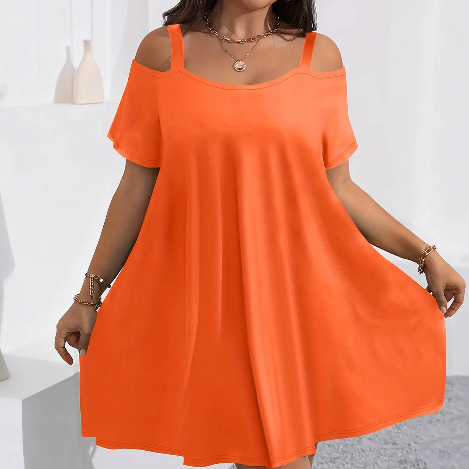 

Women s Summer Fashion -Color Off-the-Shoulder Short-Sleeve Plus-Size Dress XXXXL