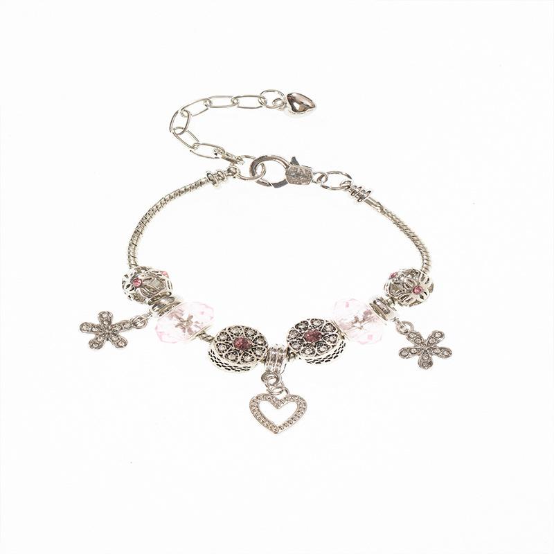 Pink Crystal Petal Heart Pendant And Glued Rhinestone Flower Charm Beaded Bracelet
