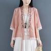 diagonal placket three-disc buckle medium-sleeved pure cotton fake two-piece shirt blouse women's new retro tea clothes cotton and linen cardigan