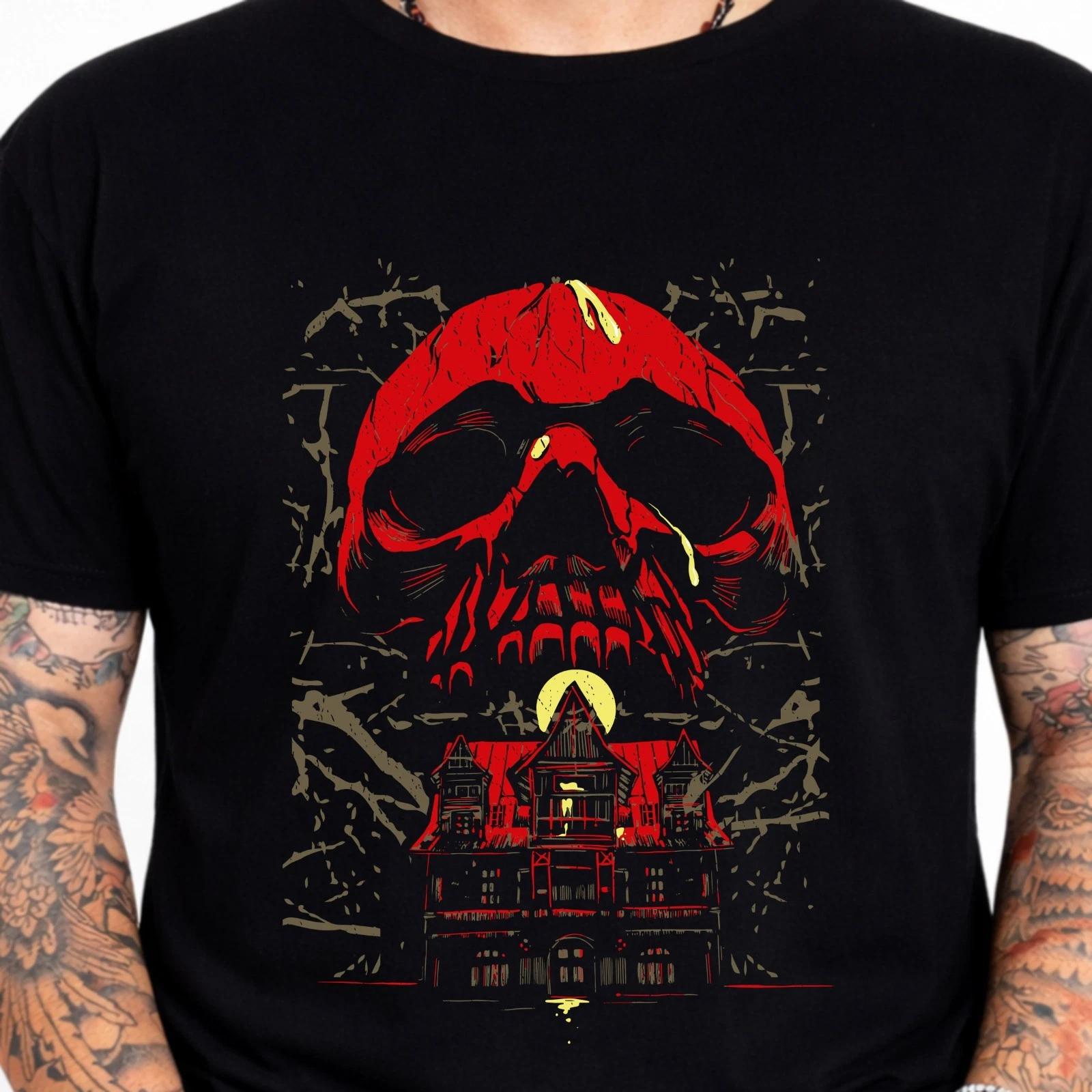 Horror Skull Haunted House Gothic Graphic Tee Spooky Halloween Mens T-Shirt Top. XXXXL