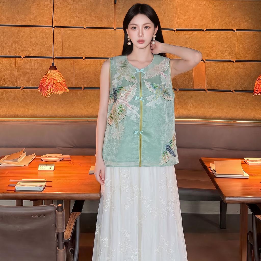 Summer Elegant New New Chinese Style Heavy Craft Embroidery National Style Sleeveless Design Vest + Skirt Set for Women P1111