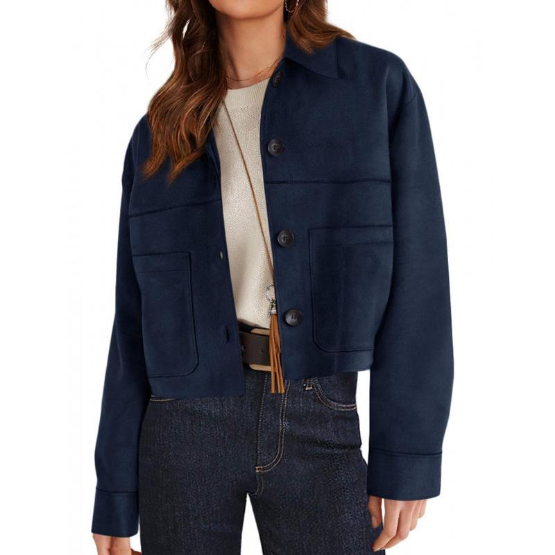 Spring Autumn Polo-neck Solid Color Casual Fashion Cardigan Coat Women Single Breasted All-match Jacket Top