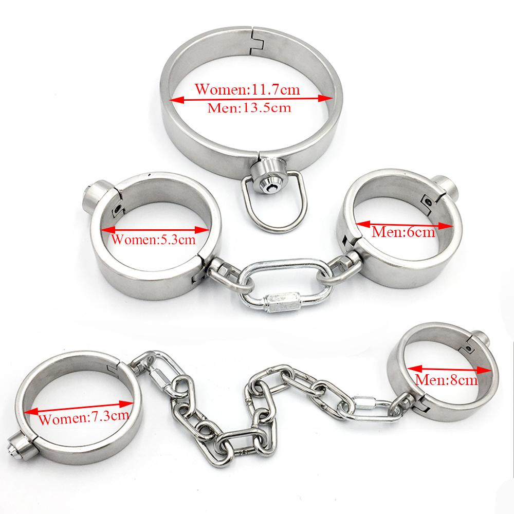 Těžká nerezová ocelová pouta na ruce a kotníky Set Otrok Omezovací sada Kovový obojek Odnímatelná pouta Sexuální hračky pro páry