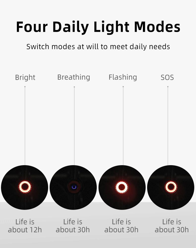 Red Rear Bicycle Lamp, STOP System, Four Operating Modes