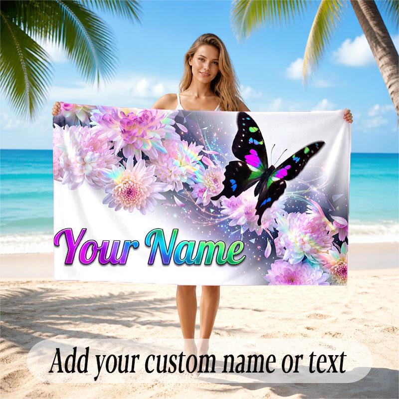 Butterfly Theme Soft Beach Towel Personalized Custom Name Text Towel Portable for Beach Pool Travel