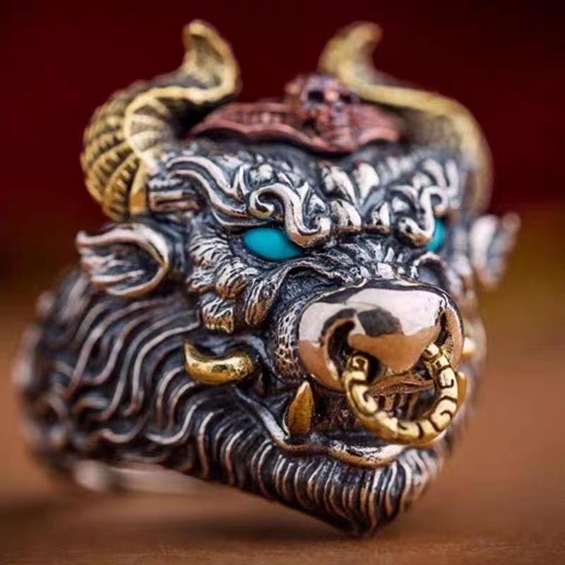

Bull Head Ring Men s Domineering Retro Zodiac Cow Ring Open Mouth Ring Gift one size(US size 6-13)