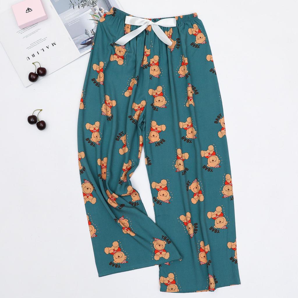 Women's Cotton-Silk Cartoon Pajama Pants, Summer Thin, Black & White Wide-Leg, Plus Size, Outdoor Beach Wear.
