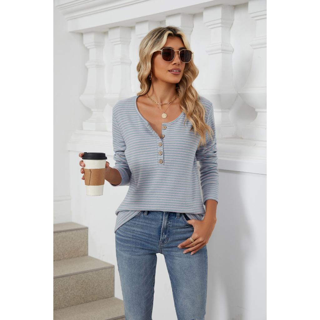 Women's  Fall Winter Striped Crew Neck Buttoned Loose Long Sleeve T-shirt Top, Cross-border European American Casual Clothing