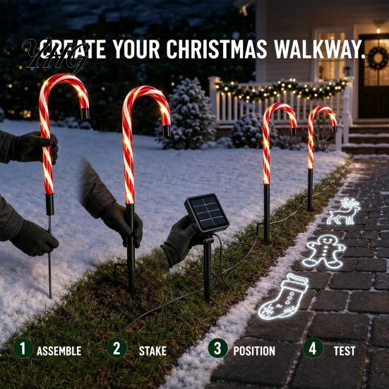 Holiday Yard Ornaments 4Pcs Solar Candy Cane Pathway Lights, Christmas Outdoor Stake Waterproof Decorative Stakes Garden Lights for Lawn Patio