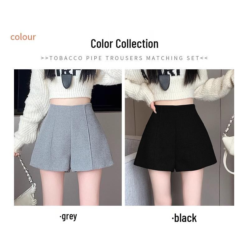 Women's Gray Retro Woolen Booty Shorts - Autumn/Winter Casual Straight Wide Leg Pants
