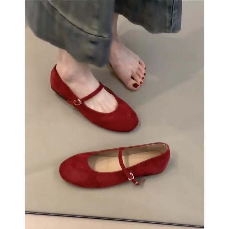 Sheepskin version~ Genuine leather retro flat bottom red light mouth single shoes women's skirt Korean version Mary Jane shoes ballet shoes