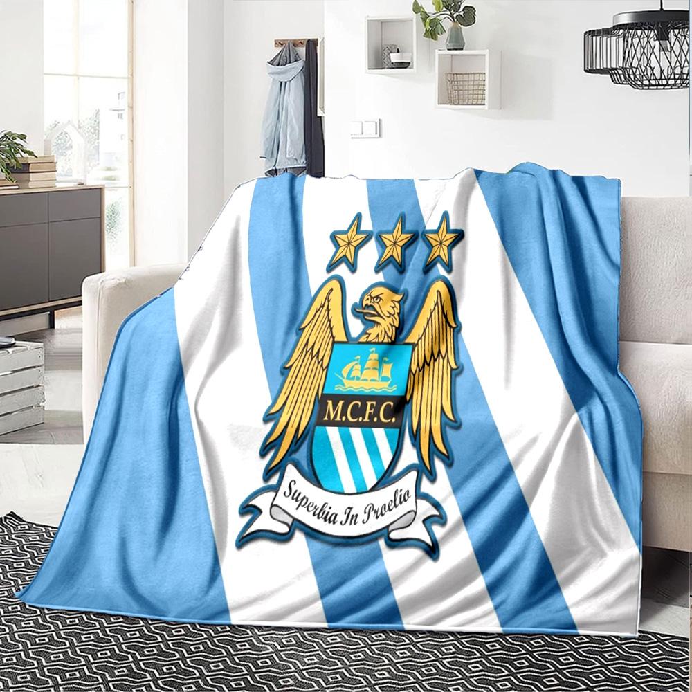 Manchester City Crest Flannel Blanket, Soft Polyester, Modern Design, All-Season for Camping, Travel, Gifts for holidays or birthdays
