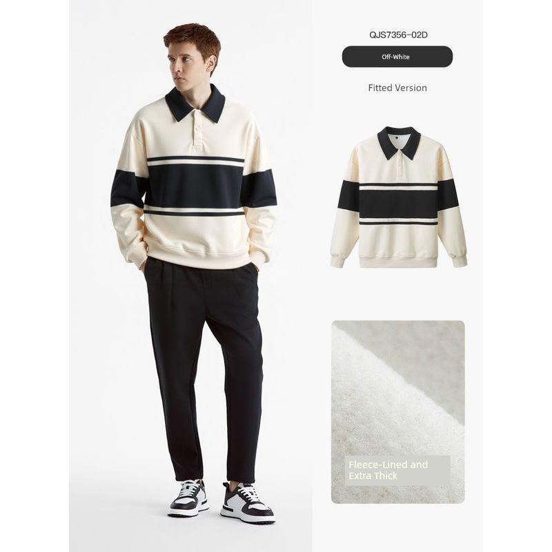 Origami Crane Men's Clothing Japanese Retro Color-Block Striped Sweatshirt with Fleece for Men, New Loose Casual Top for Autumn and Winter 7356