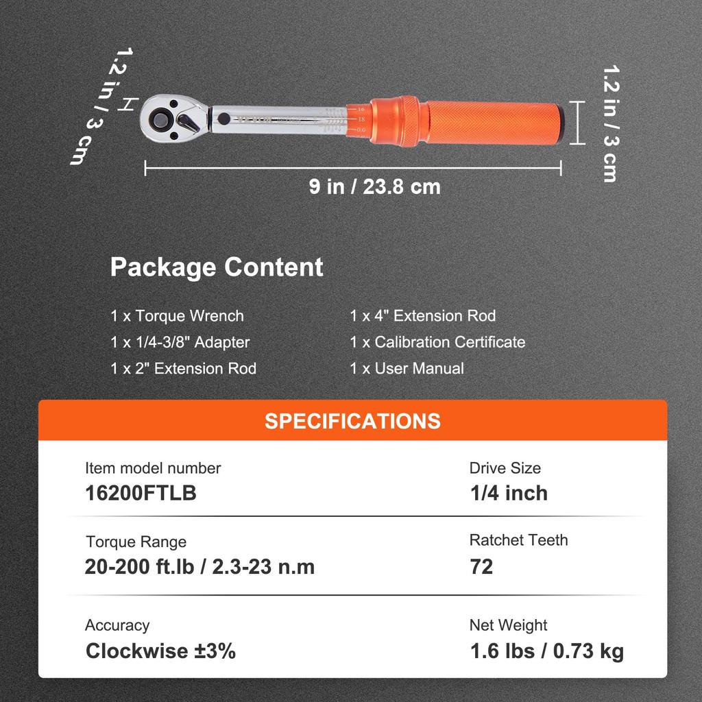 VEVOR Torque Wrench, 0.6 cm Drive Click Torque Wrench 20-200 in. lb/2.3-23n.m, Dual-Direction Adjustable Torque Wrench Set